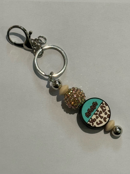 Mama Cheetah Keychain - Teal and Tan