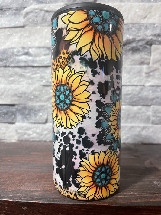 Sunflower and Cow print Can/Bottle Tumbler