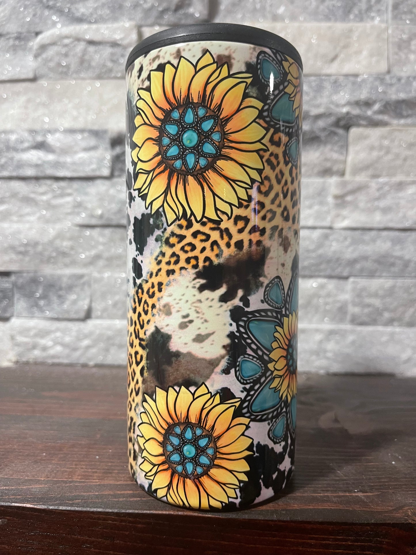 Sunflower and Cow print Can/Bottle Tumbler