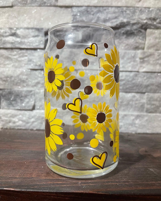 Sunflower and Heart Glass Can