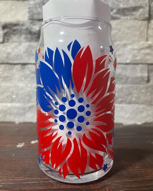 Red/Blue Flower Glass Can